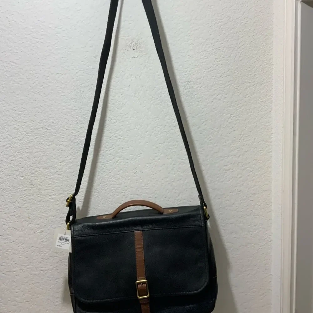 Fossil Black Leather Evan Commuter Satchel Messenger Bag New